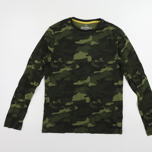 Marks and Spencer Boys Green Camouflage Cotton Pullover T-Shirt Size 12-13 Years Crew Neck Pullover