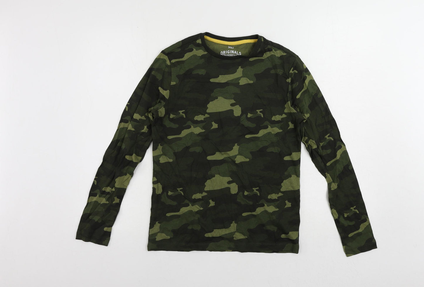 Marks and Spencer Boys Green Camouflage Cotton Pullover T-Shirt Size 12-13 Years Crew Neck Pullover