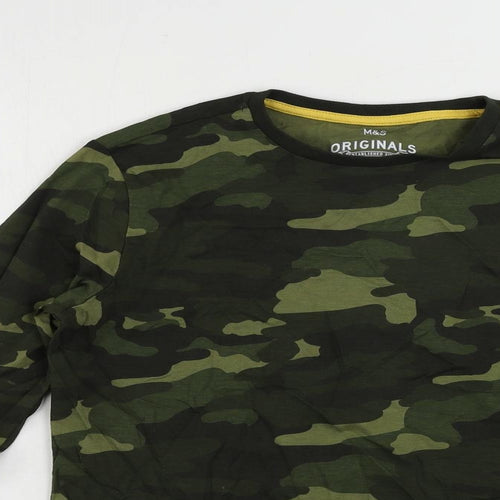 Marks and Spencer Boys Green Camouflage Cotton Pullover T-Shirt Size 12-13 Years Crew Neck Pullover