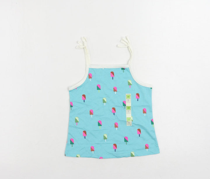 Marks and Spencer Girls Blue Geometric Cotton Camisole Tank Size 3-4 Years Square Neck Pullover - Ice Cream Print