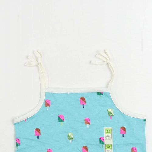 Marks and Spencer Girls Blue Geometric Cotton Camisole Tank Size 3-4 Years Square Neck Pullover - Ice Cream Print