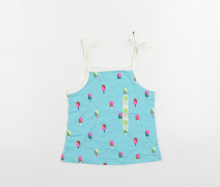 Marks and Spencer Girls Blue Geometric Cotton Camisole Tank Size 3-4 Years Square Neck Pullover - Ice Cream Print