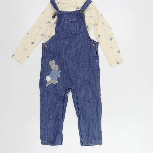 Marks and Spencer Girls Blue Geometric Cotton Dungarees Trousers Size 2-3 Years Regular Button - Rabbit