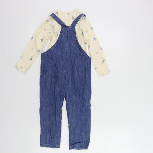 Marks and Spencer Girls Blue Geometric Cotton Dungarees Trousers Size 2-3 Years Regular Button - Rabbit