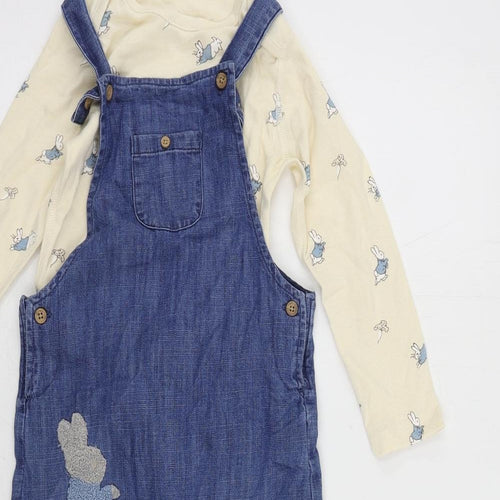 Marks and Spencer Girls Blue Geometric Cotton Dungarees Trousers Size 2-3 Years Regular Button - Rabbit