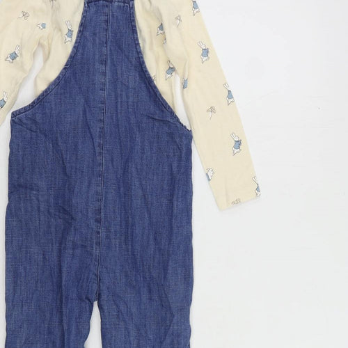 Marks and Spencer Girls Blue Geometric Cotton Dungarees Trousers Size 2-3 Years Regular Button - Rabbit