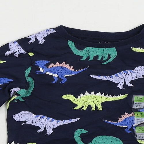 Marks and Spencer Boys Blue Geometric Cotton Pullover T-Shirt Size 3-4 Years Crew Neck Pullover - Dinosaur Print