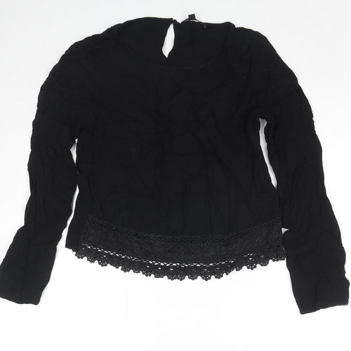 Mani Womens Black Polyester Basic Blouse Size M Round Neck