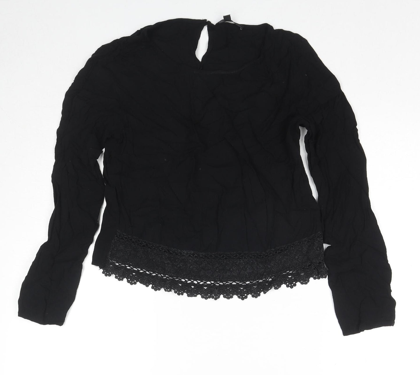 Mani Womens Black Polyester Basic Blouse Size M Round Neck