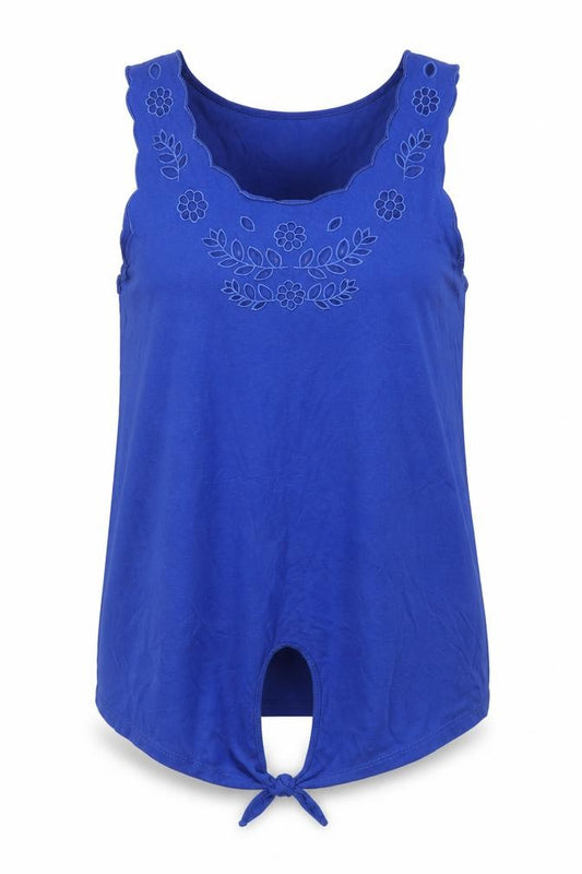 Front view of New Look women’s blue polyester basic tank, size UK 8, round neck - tie detail, embraided detail