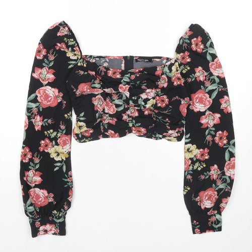 Nasty Gal Womens Black Floral Polyester Cropped Blouse Size 6 Square Neck