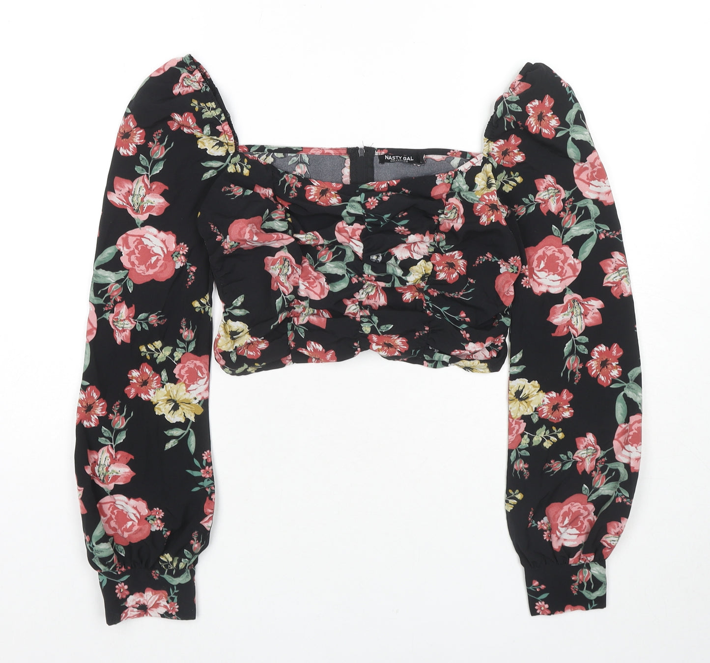 Nasty Gal Womens Black Floral Polyester Cropped Blouse Size 6 Square Neck
