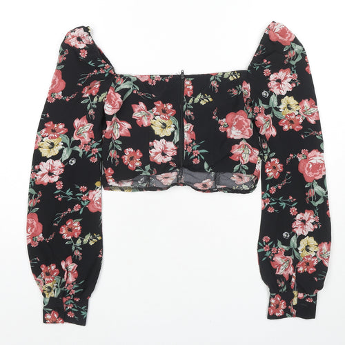 Nasty Gal Womens Black Floral Polyester Cropped Blouse Size 6 Square Neck