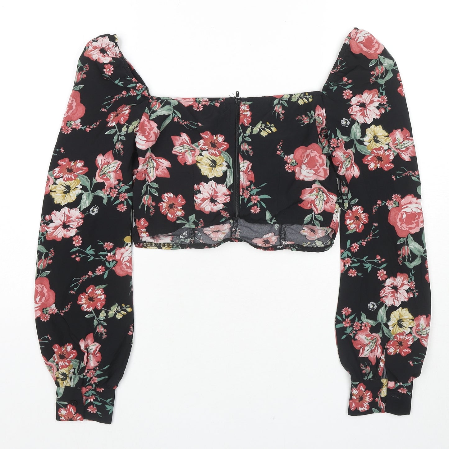 Nasty Gal Womens Black Floral Polyester Cropped Blouse Size 6 Square Neck
