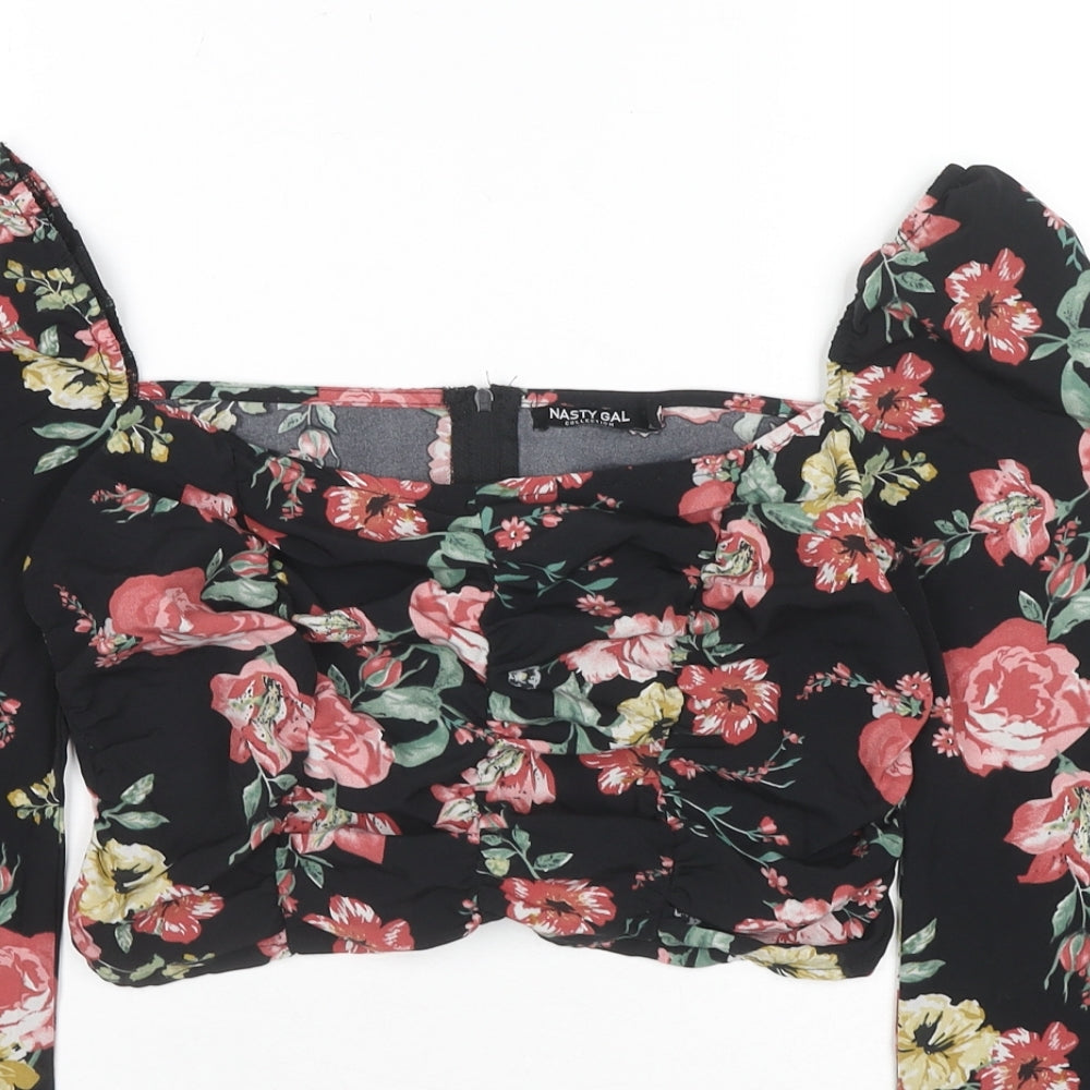 Nasty Gal Womens Black Floral Polyester Cropped Blouse Size 6 Square Neck