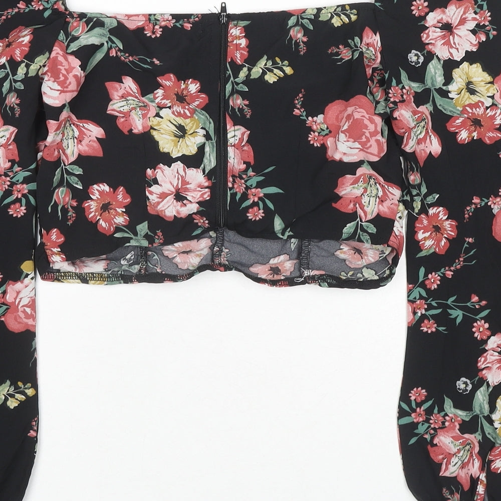 Nasty Gal Womens Black Floral Polyester Cropped Blouse Size 6 Square Neck