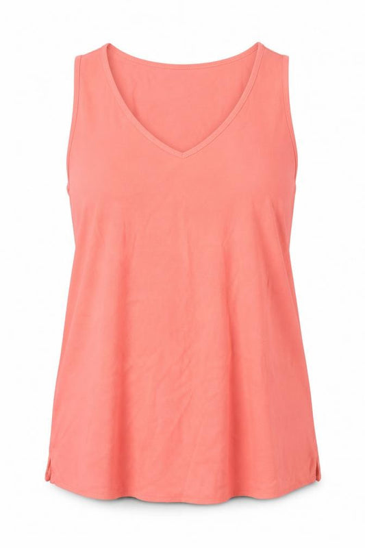 Front view of Marks & Spencer women’s orange polyester basic tank, size UK 14, v-neck