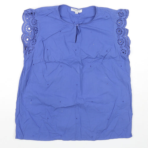 Great Plains London Womens Blue Cotton Basic Blouse Size 12 Round Neck - Embraided