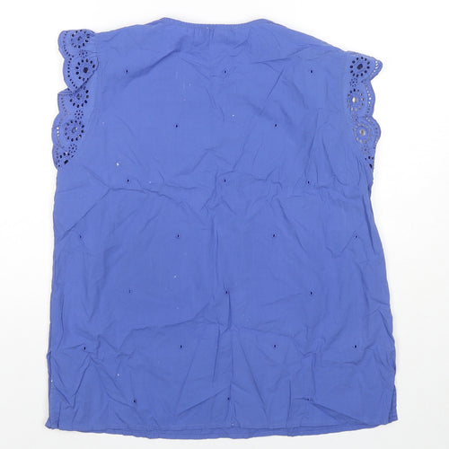 Great Plains London Womens Blue Cotton Basic Blouse Size 12 Round Neck - Embraided