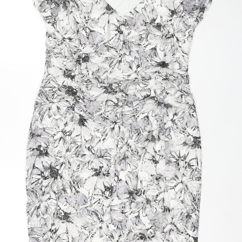 Roman Womens Grey Floral Polyester A-Line Size 14 V-Neck Pullover - Ruffle Detail