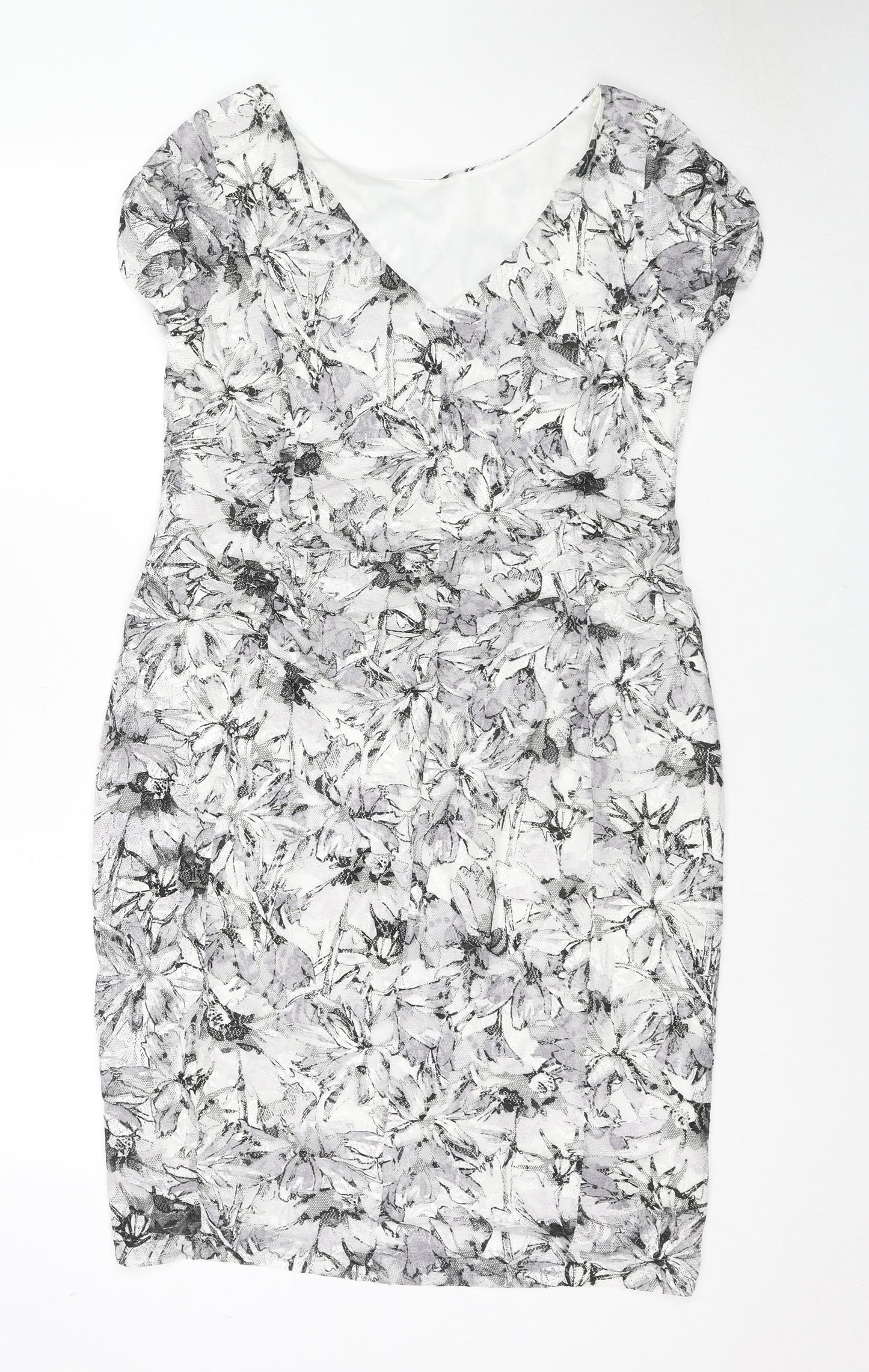 Roman Womens Grey Floral Polyester A-Line Size 14 V-Neck Pullover - Ruffle Detail