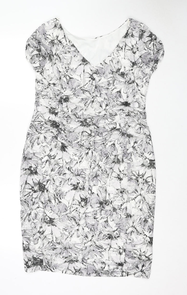 Roman Womens Grey Floral Polyester A-Line Size 14 V-Neck Pullover - Ruffle Detail