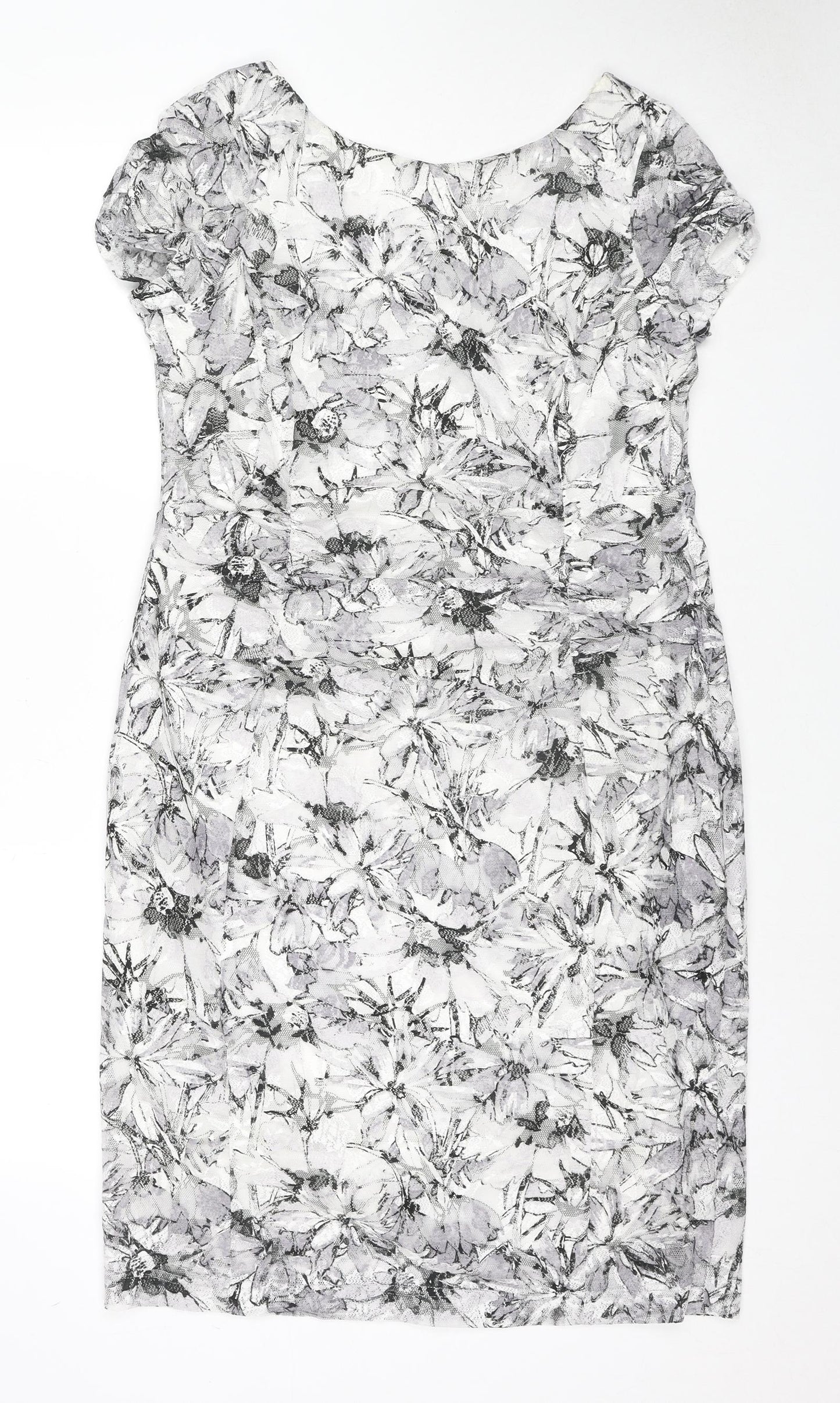 Roman Womens Grey Floral Polyester A-Line Size 14 V-Neck Pullover - Ruffle Detail