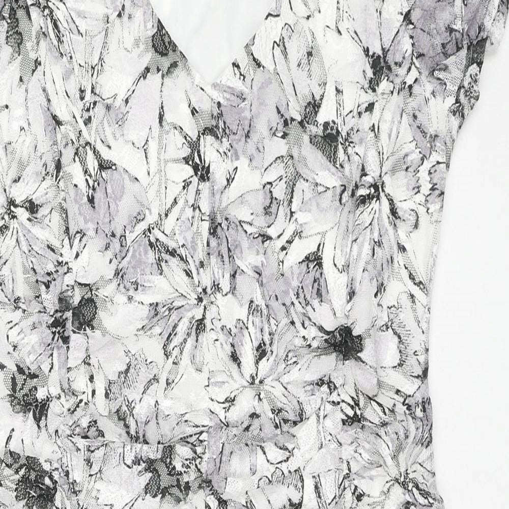 Roman Womens Grey Floral Polyester A-Line Size 14 V-Neck Pullover - Ruffle Detail