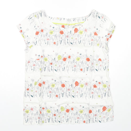 Lily & Me Womens White Floral Linen Basic T-Shirt Size 10 Round Neck