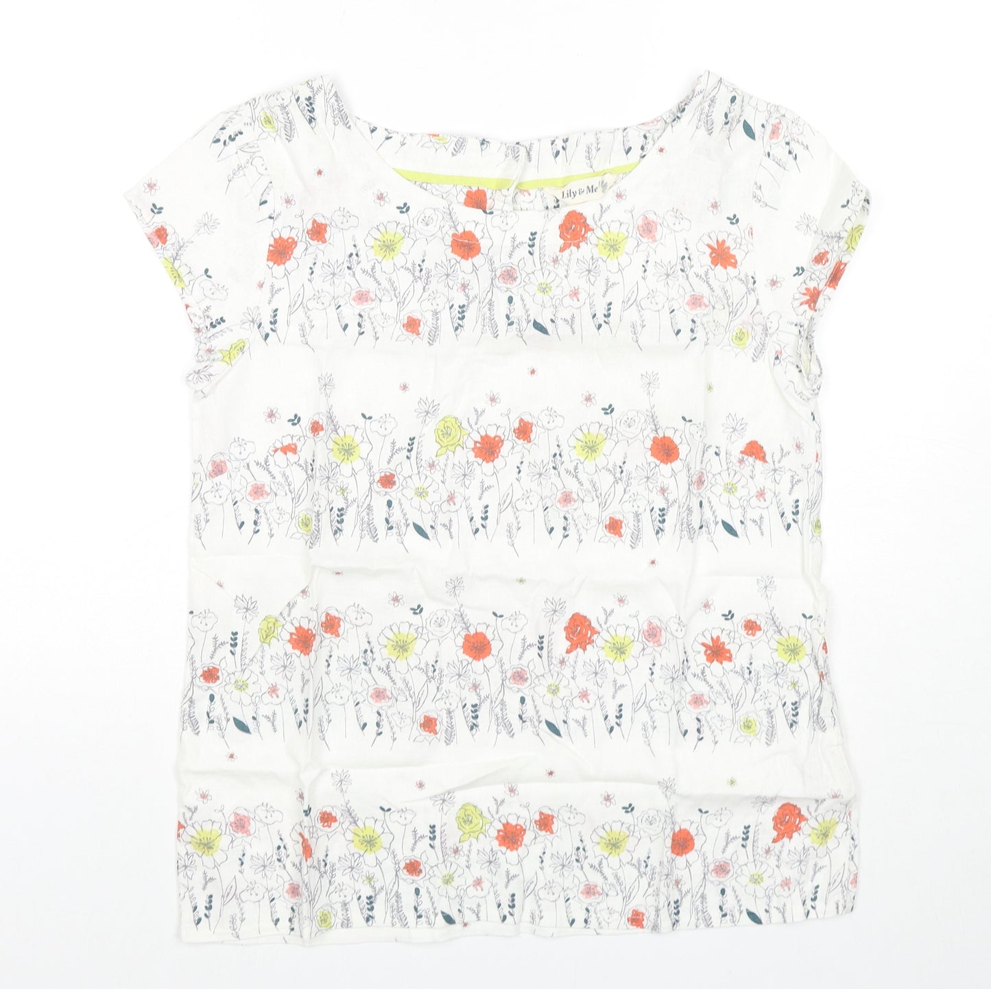 Lily & Me Womens White Floral Linen Basic T-Shirt Size 10 Round Neck