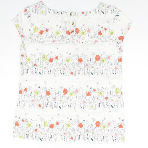 Lily & Me Womens White Floral Linen Basic T-Shirt Size 10 Round Neck