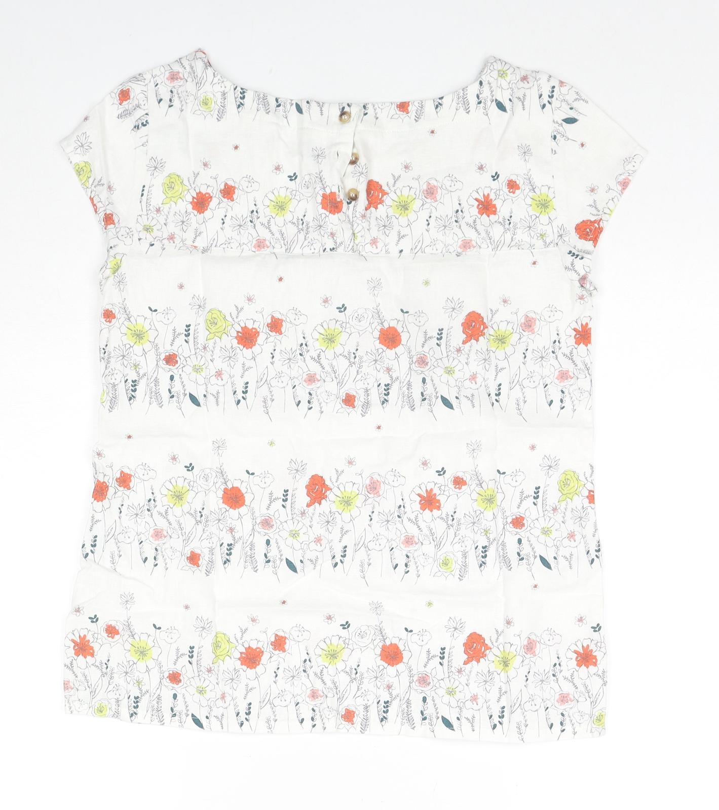 Lily & Me Womens White Floral Linen Basic T-Shirt Size 10 Round Neck