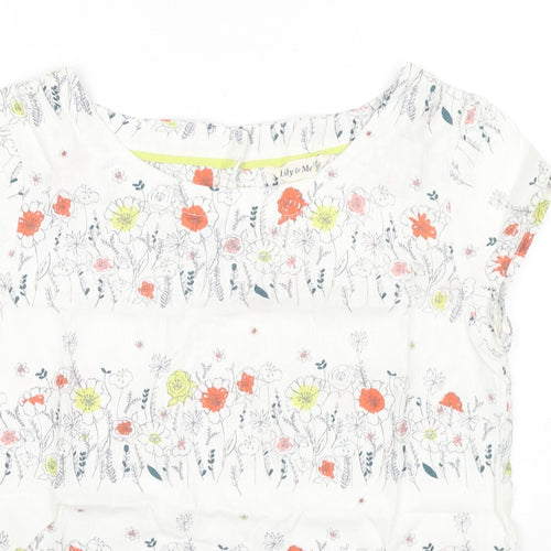 Lily & Me Womens White Floral Linen Basic T-Shirt Size 10 Round Neck