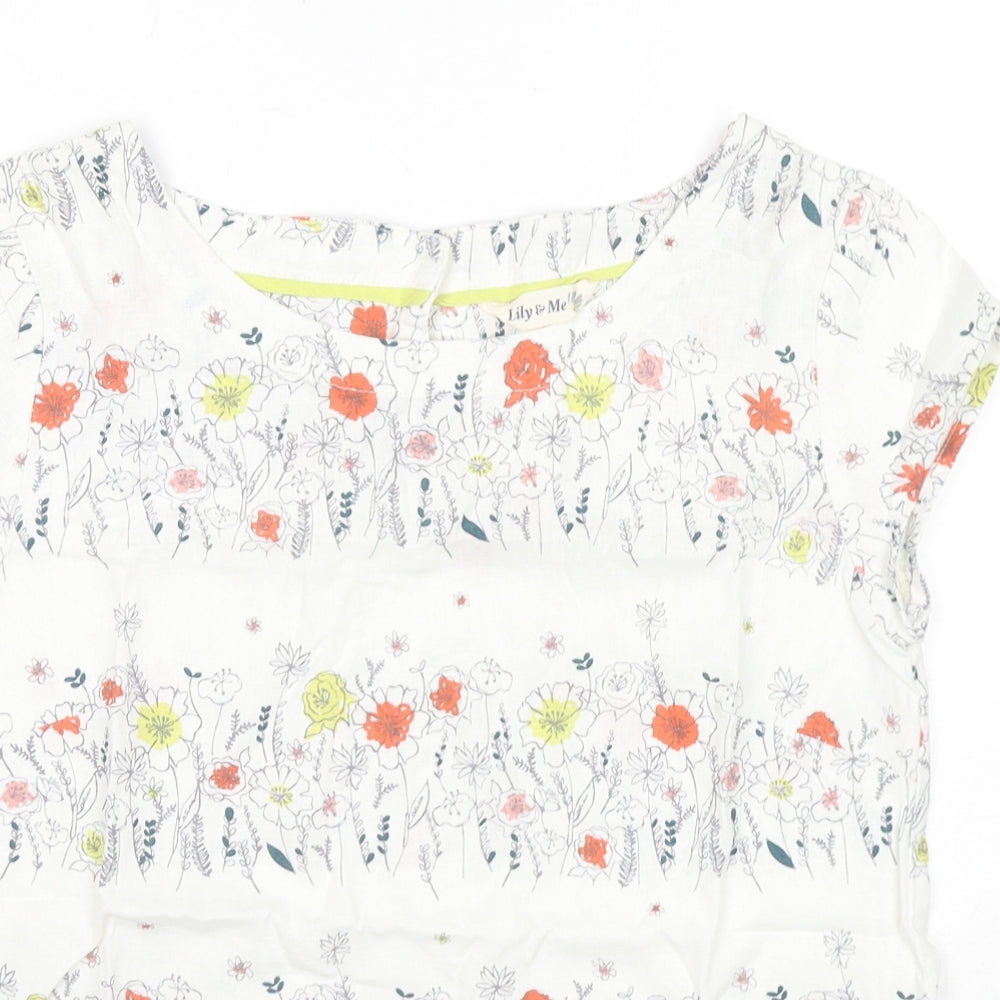 Lily & Me Womens White Floral Linen Basic T-Shirt Size 10 Round Neck