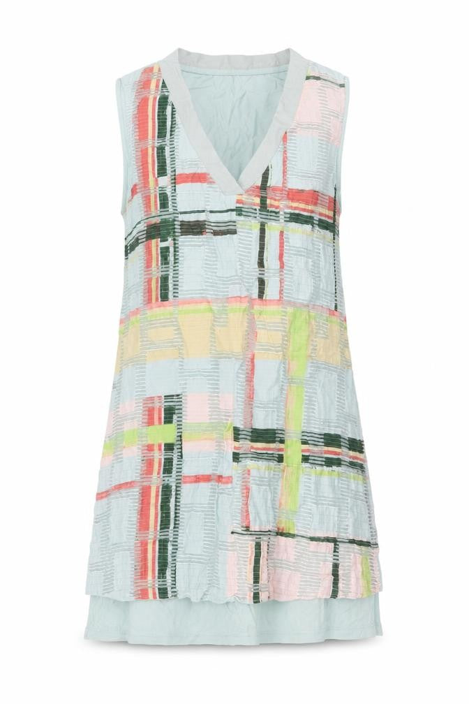 Front view of Next women’s multicoloured geometric viscose tunic blouse, size UK 10, v-neck