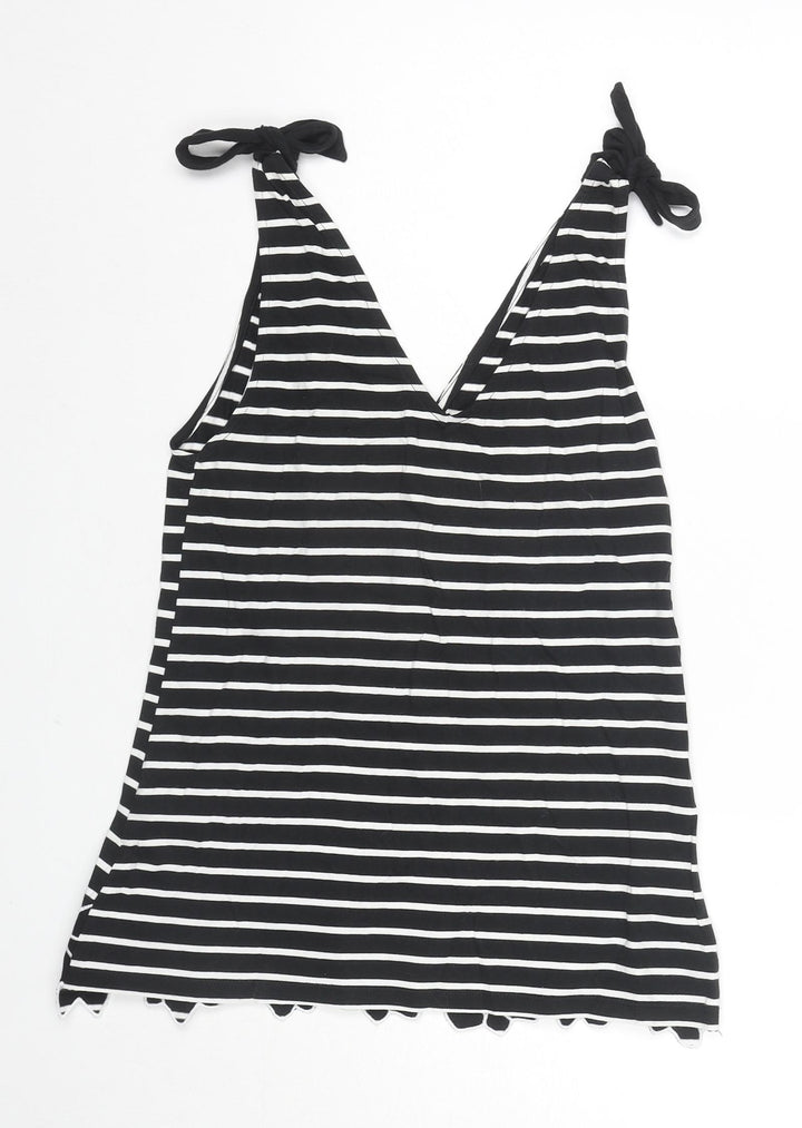 Dorothy Perkins Womens Black Striped Cotton Basic Tank Size 10 V-Neck - Flower Detail