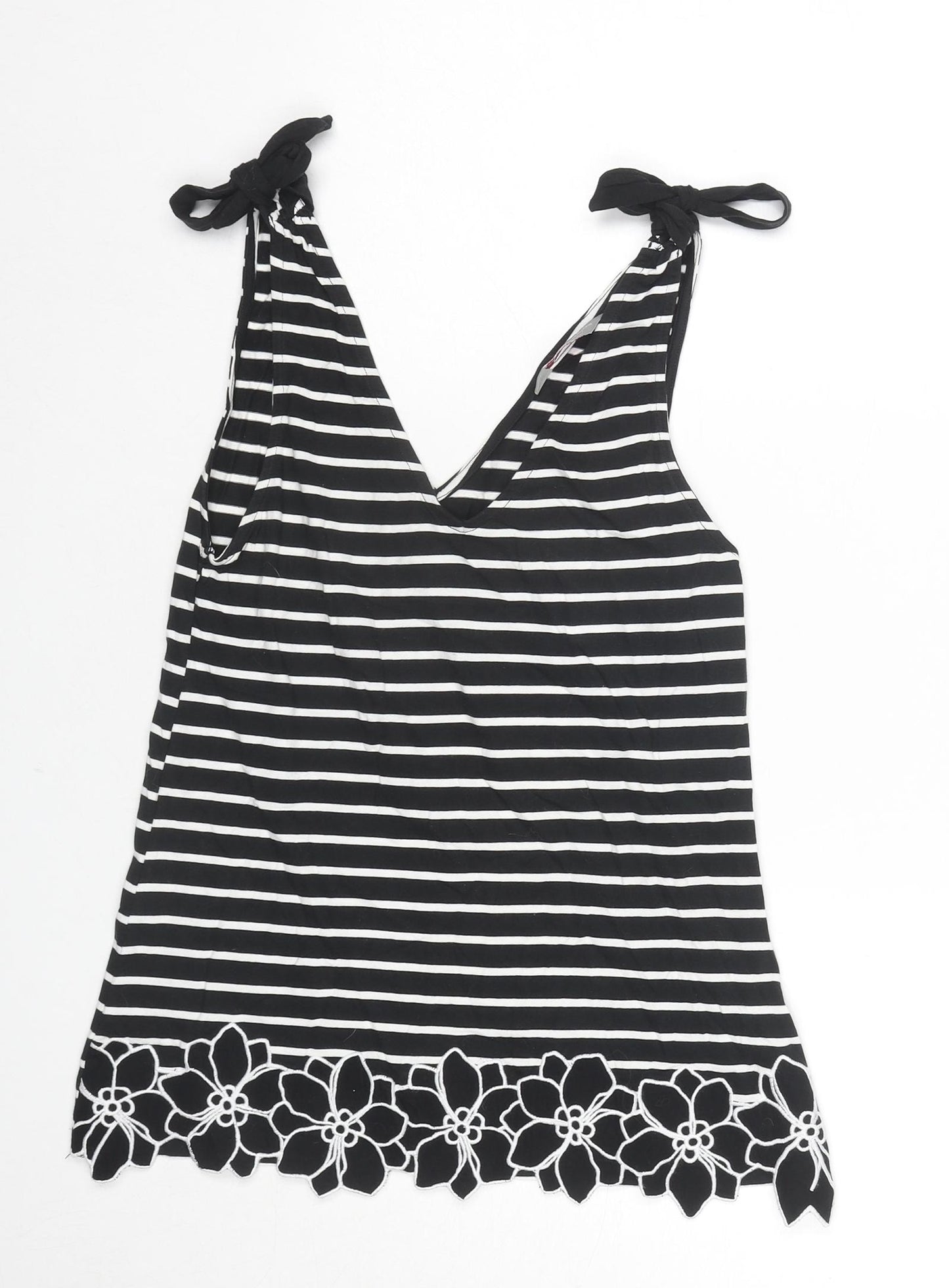 Dorothy Perkins Womens Black Striped Cotton Basic Tank Size 10 V-Neck - Flower Detail