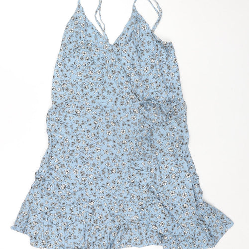 Kulani Kinis Womens Blue Floral Cotton Wrap Dress Size M V-Neck Tie