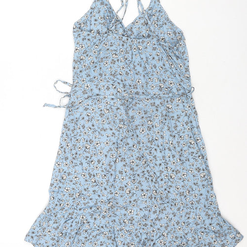 Kulani Kinis Womens Blue Floral Cotton Wrap Dress Size M V-Neck Tie