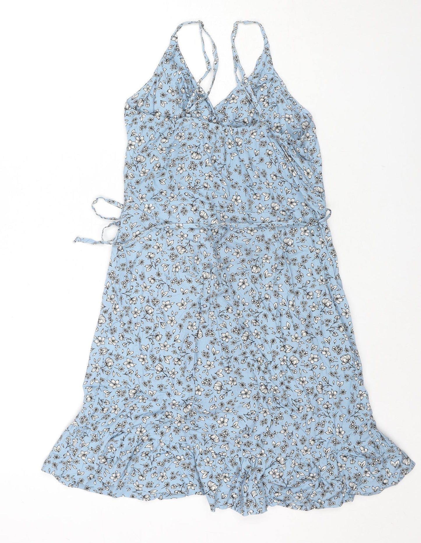 Kulani Kinis Womens Blue Floral Cotton Wrap Dress Size M V-Neck Tie