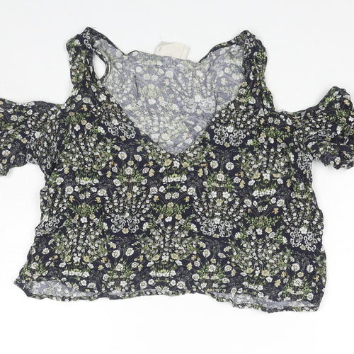 Pins & Needles Womens Multicoloured Floral Viscose Cropped T-Shirt Size XS Round Neck - Cold Shoulder