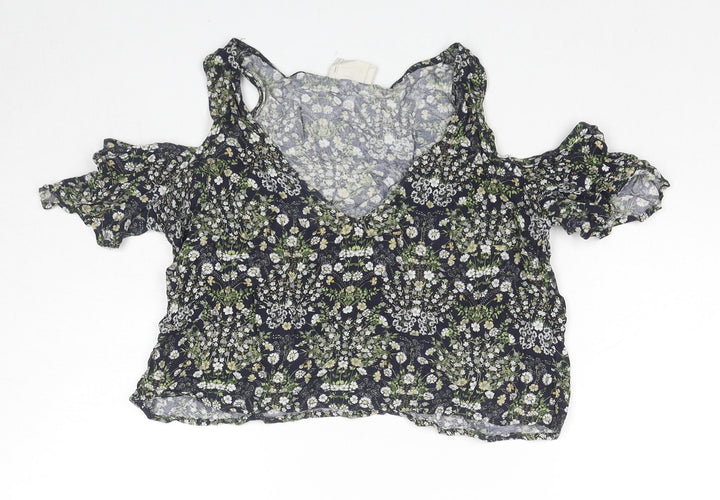 Pins & Needles Womens Multicoloured Floral Viscose Cropped T-Shirt Size XS Round Neck - Cold Shoulder