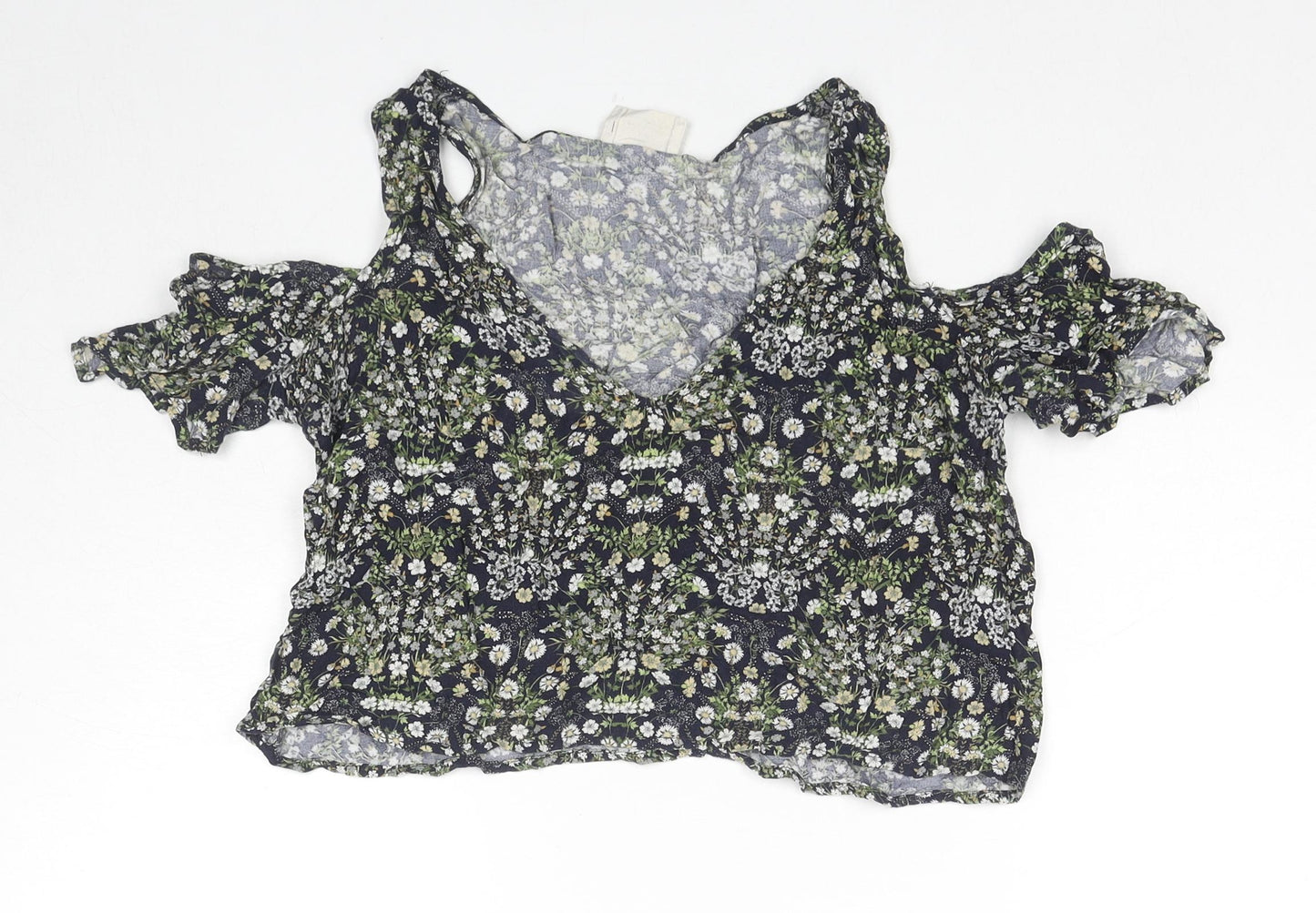 Pins & Needles Womens Multicoloured Floral Viscose Cropped T-Shirt Size XS Round Neck - Cold Shoulder