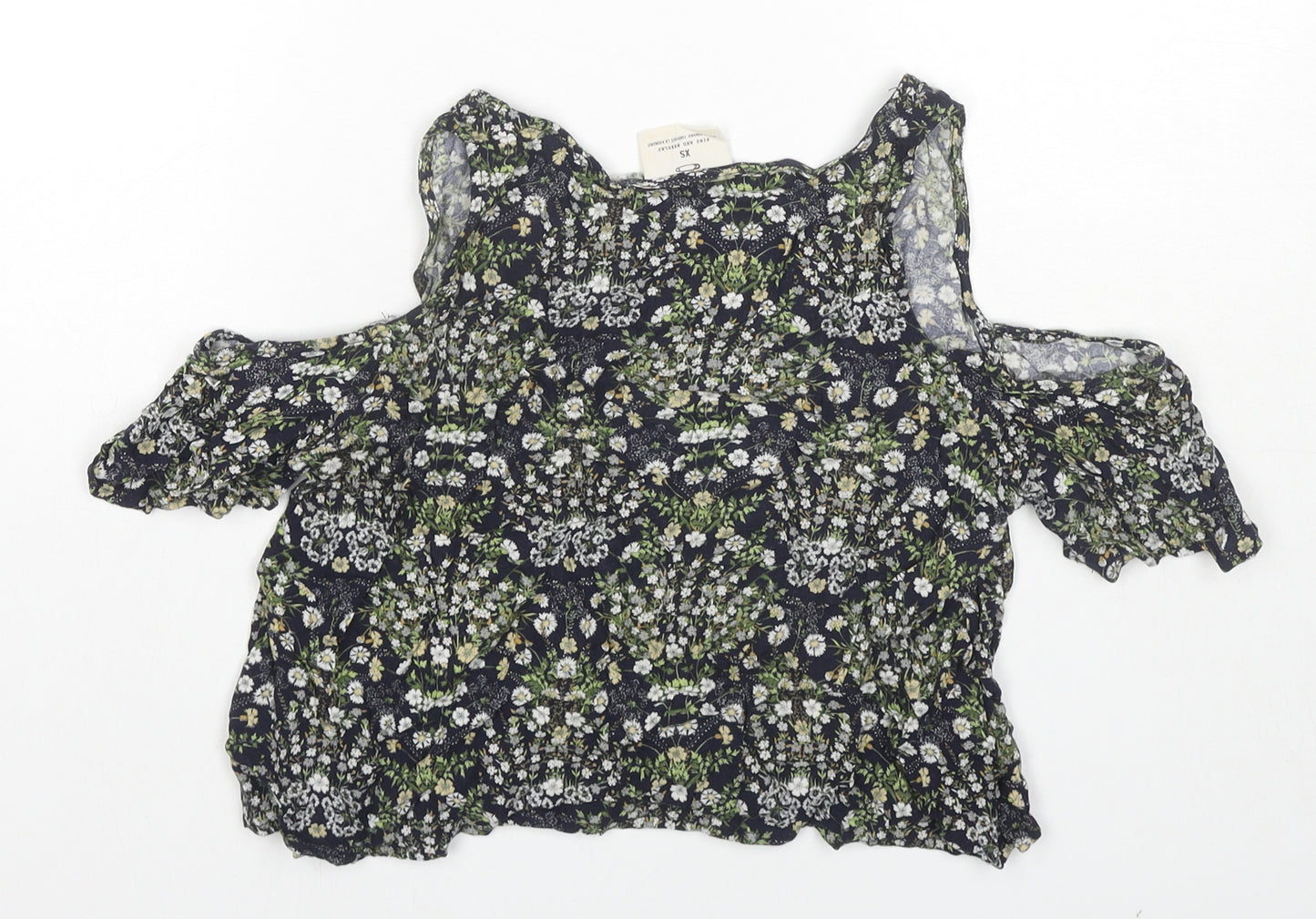 Pins & Needles Womens Multicoloured Floral Viscose Cropped T-Shirt Size XS Round Neck - Cold Shoulder