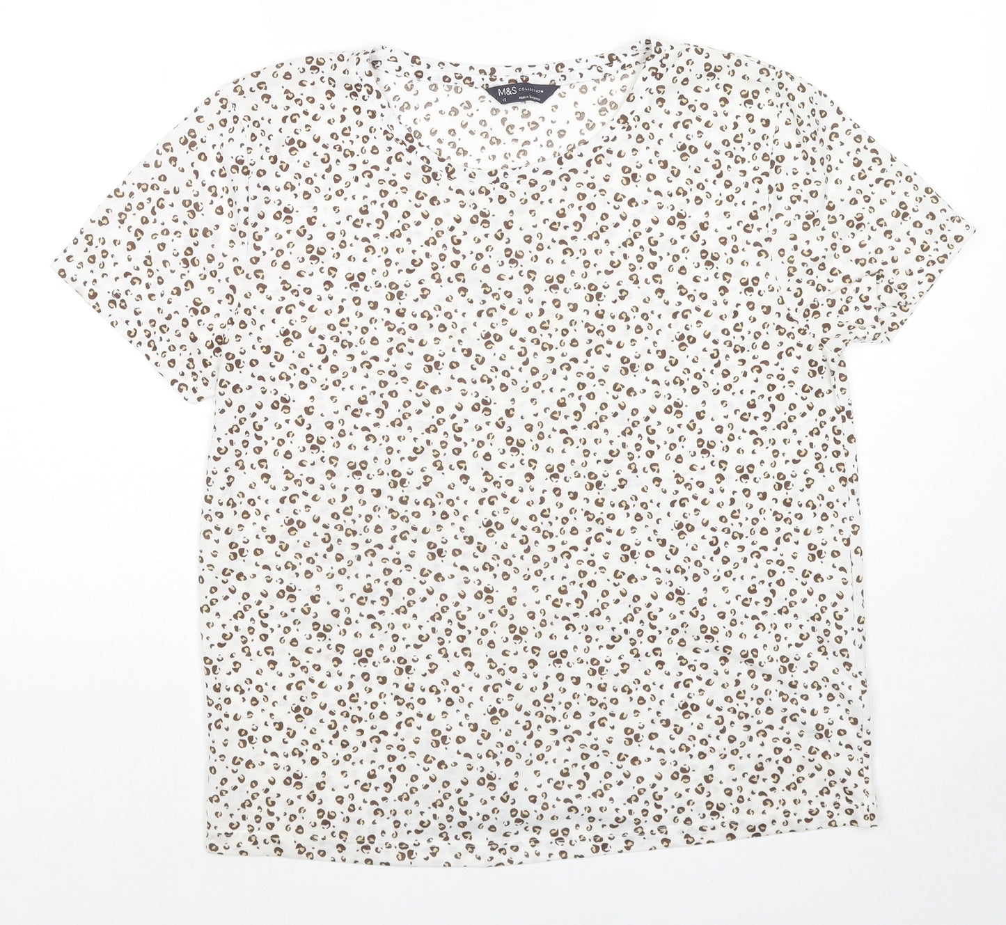Marks and Spencer Womens White Animal Print Cotton Basic T-Shirt Size 12 Round Neck - Leopard Print