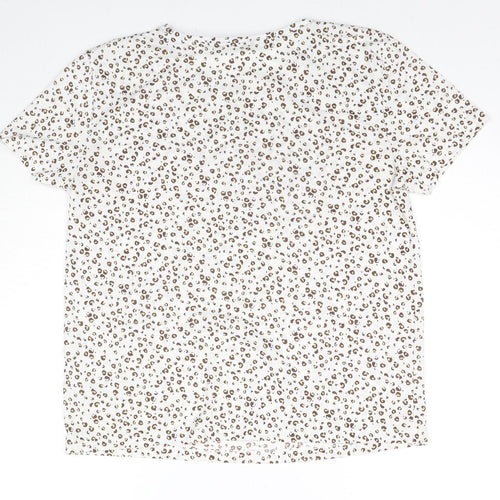 Marks and Spencer Womens White Animal Print Cotton Basic T-Shirt Size 12 Round Neck - Leopard Print