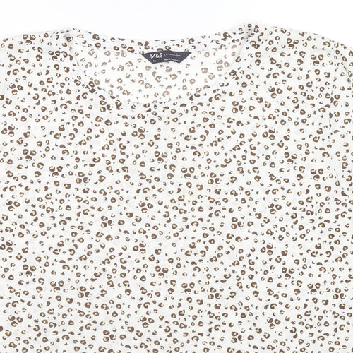 Marks and Spencer Womens White Animal Print Cotton Basic T-Shirt Size 12 Round Neck - Leopard Print