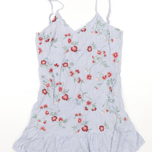 Bershka Womens Blue Striped Cotton Tank Dress Size S V-Neck Pullover - Flowers
