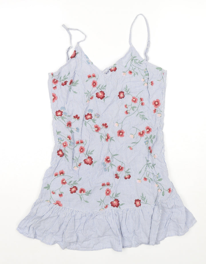 Bershka Womens Blue Striped Cotton Tank Dress Size S V-Neck Pullover - Flowers