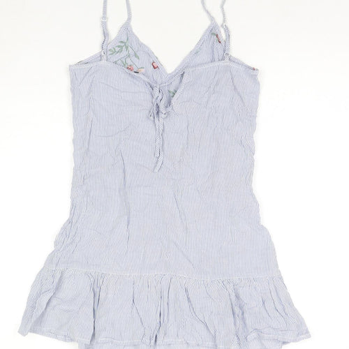 Bershka Womens Blue Striped Cotton Tank Dress Size S V-Neck Pullover - Flowers